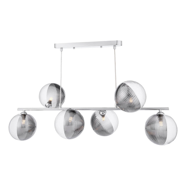 Spiral 6 Light Bar Pendant Polished Chrome & Smoked/Clear Ribbed Glass