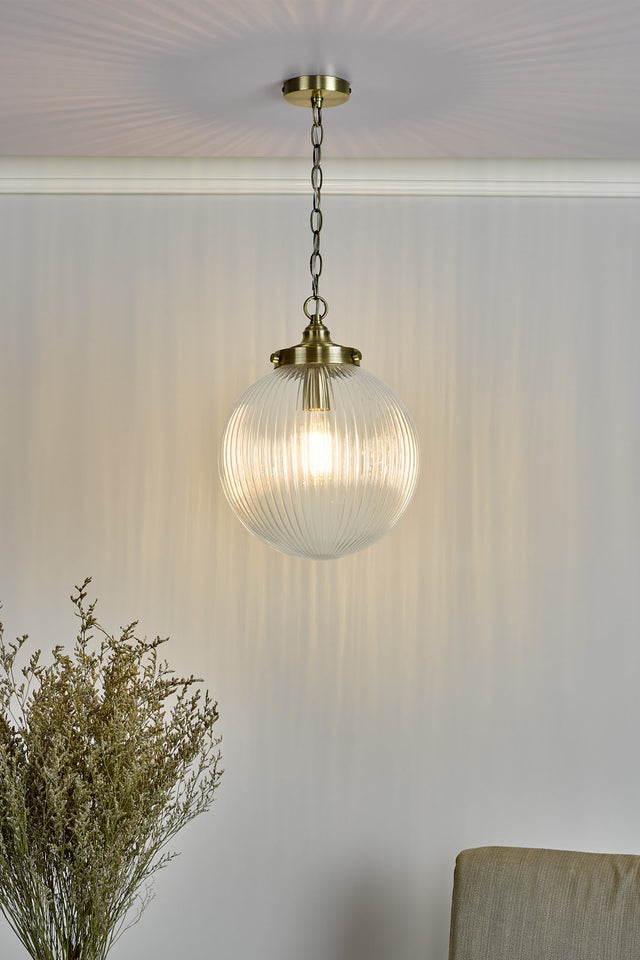 Tamara 1 Light Single Pendant Antique Brass Ribbed Glass