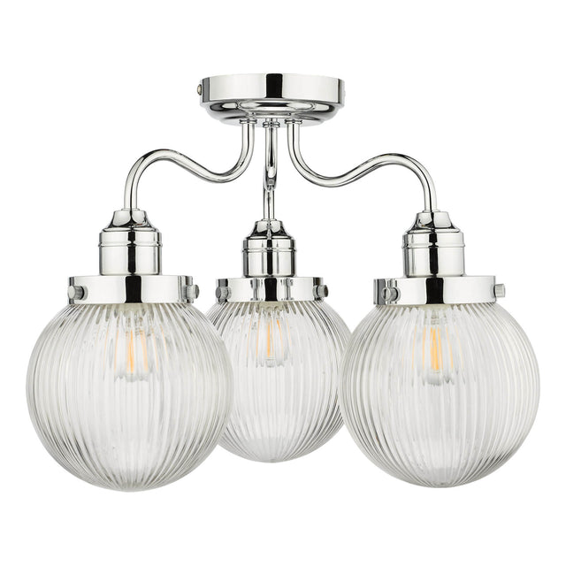 Tamara 3 Light Bathroom Semi Flush Polished Chrome Ribbed Glass IP44