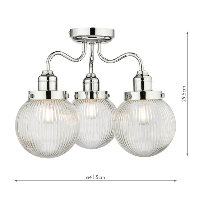 Tamara 3 Light Bathroom Semi Flush Polished Chrome Ribbed Glass IP44