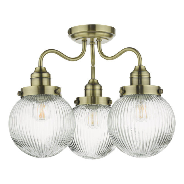 Tamara 3 Light Bathroom Semi Flush Antique Brass Ribbed Glass IP44