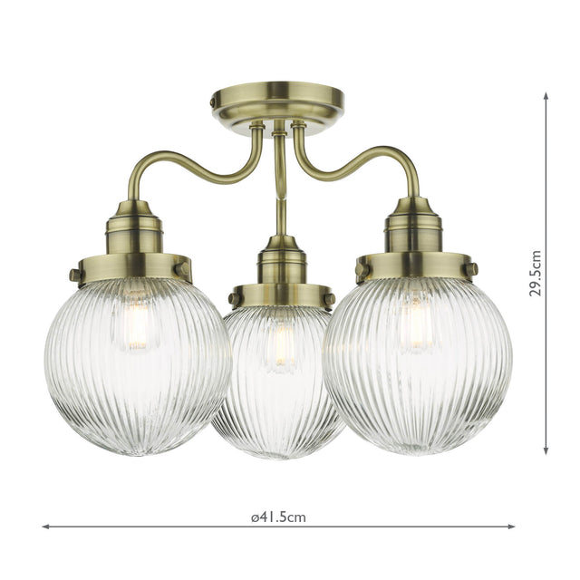 Tamara 3 Light Bathroom Semi Flush Antique Brass Ribbed Glass IP44