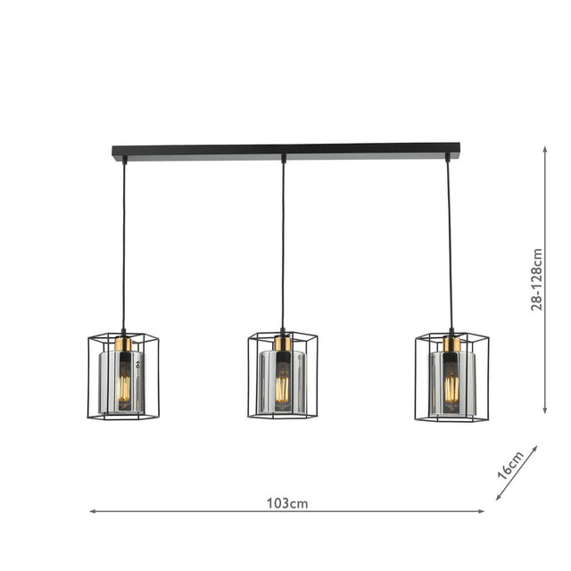 Tatum 3 Light Bar Pendant Matt Black and Smoked Glass