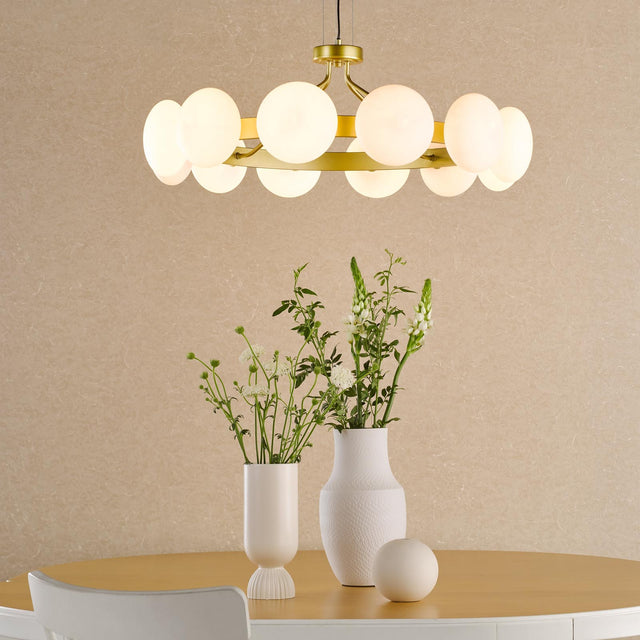 Tauri 12 Light Pendant Matt Gold and Opal Glass