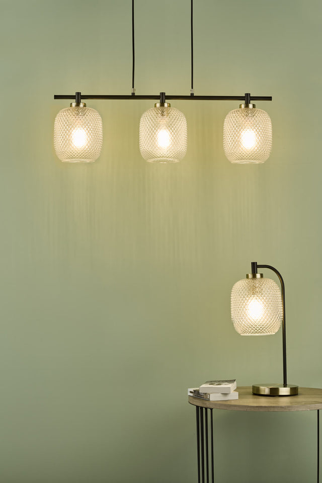 Tehya 3 Light Bar Pendant Matt Black Textured Glass