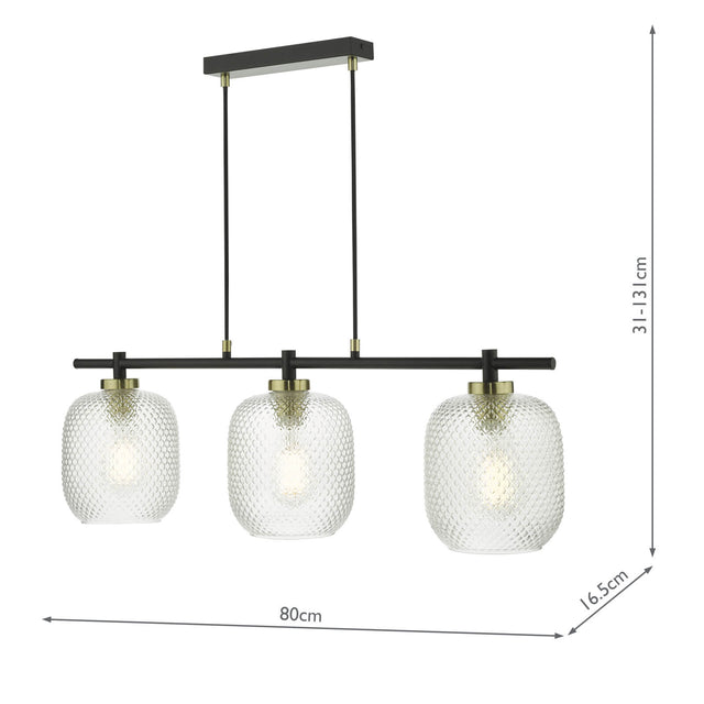 Tehya 3 Light Bar Pendant Matt Black Textured Glass