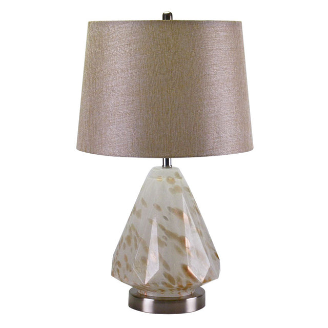 Charming Mottled White and Amber Glass Lamp with Antique Brass Base and Oatmeal Shade