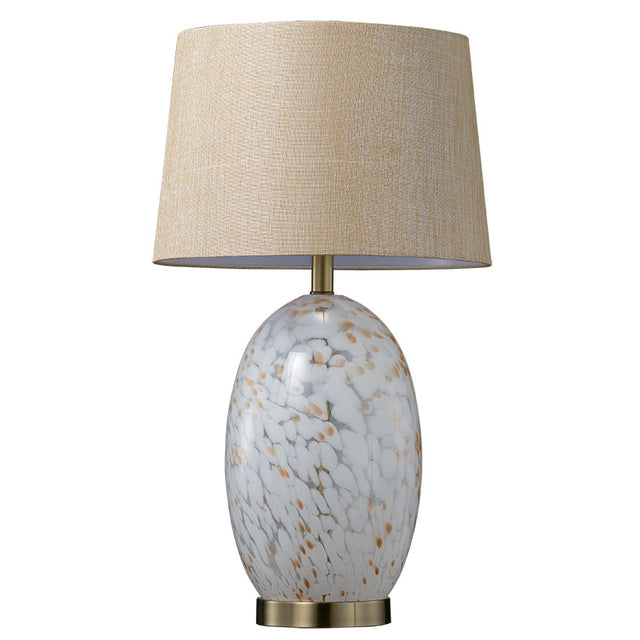 Charming Mottled White and Amber Glass Lamp with Antique Brass Base and Oatmeal Shade