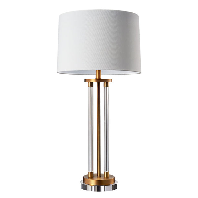 MATT BRASS & GLASS COLUMN TABLE LAMP C/W BEIGE SHADE