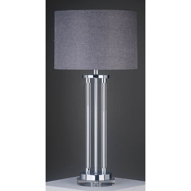 MATT NICKEL & GLASS COLUMN TABLE LAMP C/W GREY SHADE