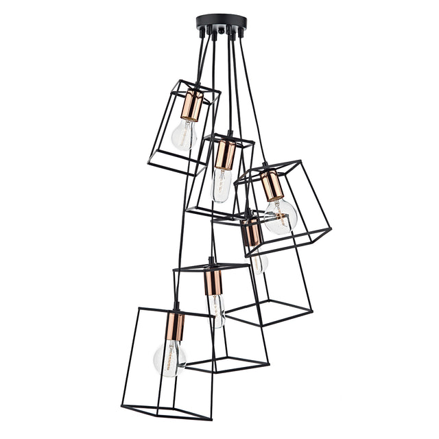 Tower 6 Light Cluster Pendant Matt Black & Copper