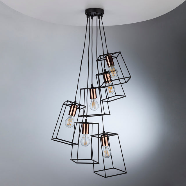 Tower 6 Light Cluster Pendant Matt Black & Copper