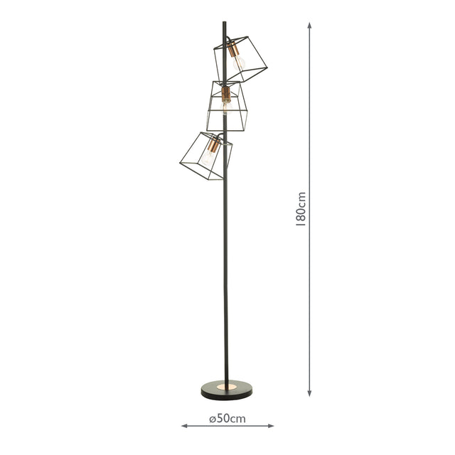 Tower 3 Light Floor Lamp Matt Black and Polished Copper