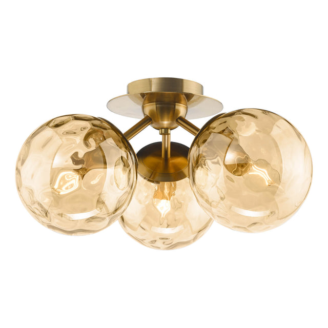 Ulrika 3 Light Flush Antique Brass and Amber Glass