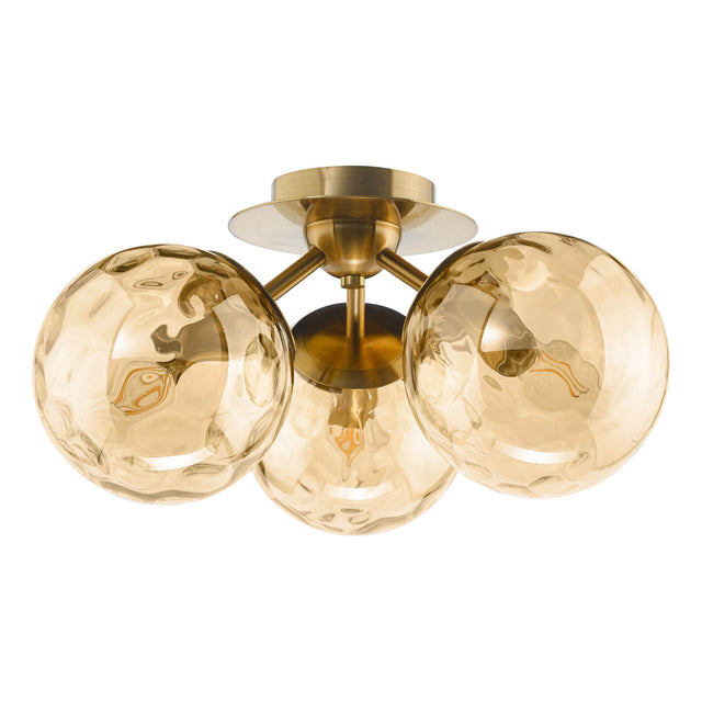 Ulrika 3 Light Flush Antique Brass and Amber Glass