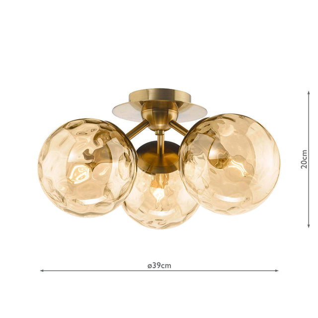 Ulrika 3 Light Flush Antique Brass and Amber Glass