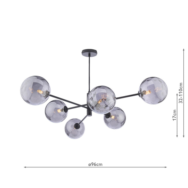 Vignette 6 Light Pendant Matt Black & Smoked Dimpled Glass