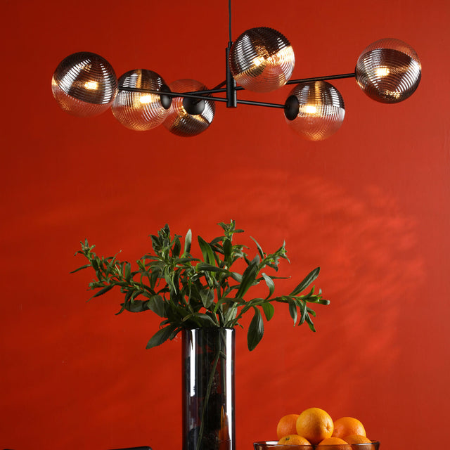 Vignette 6 Light Pendant Matt Black & Smoked/Clear Ribbed Glass