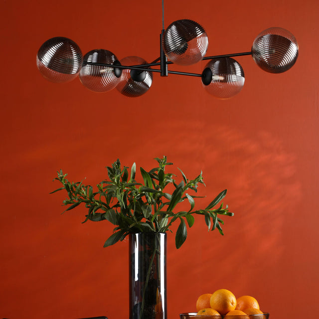 Vignette 6 Light Pendant Matt Black & Smoked/Clear Ribbed Glass