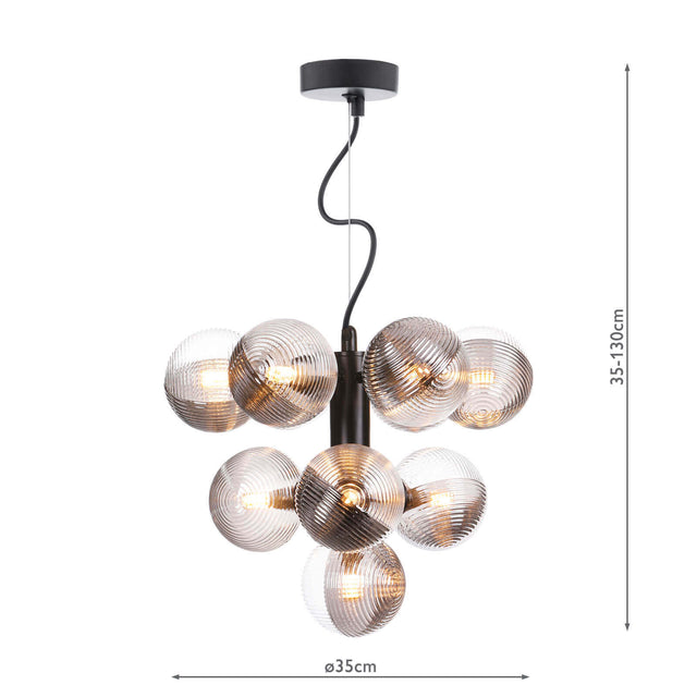 Vine 10 Light Pendant Satin Black & Smoked/Clear Ribbed Glass