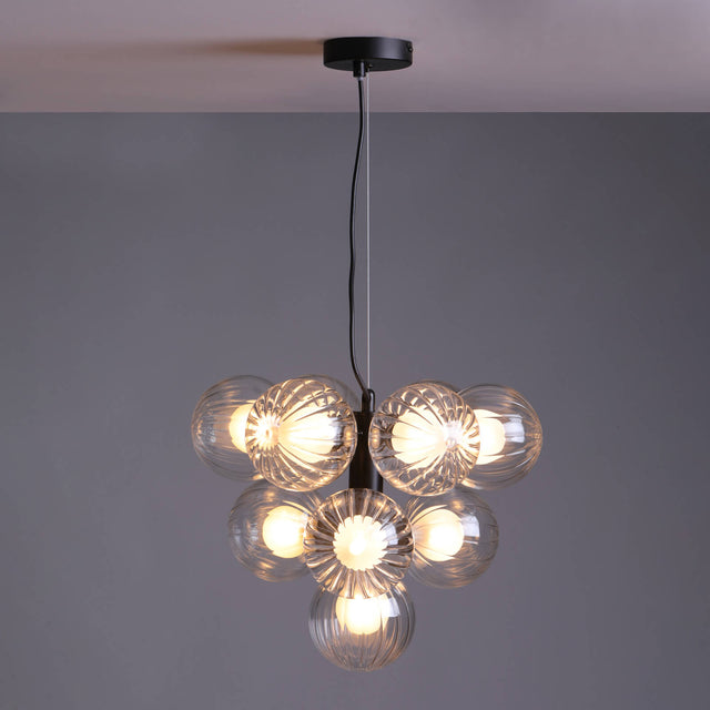 Vine 10 Light Pendant Satin Black & Clear/Opal Glass