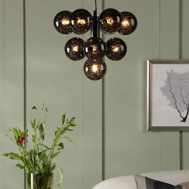 Vine 10 Light Pendant Matt Black and Black Confetti Glass