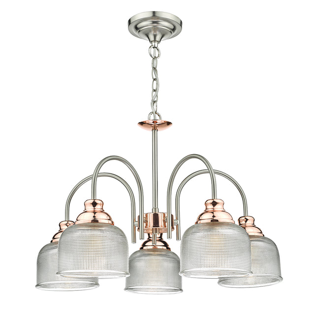 Wharfdale 5lt Pendant Satin Chrome Copper detail Glass Shades