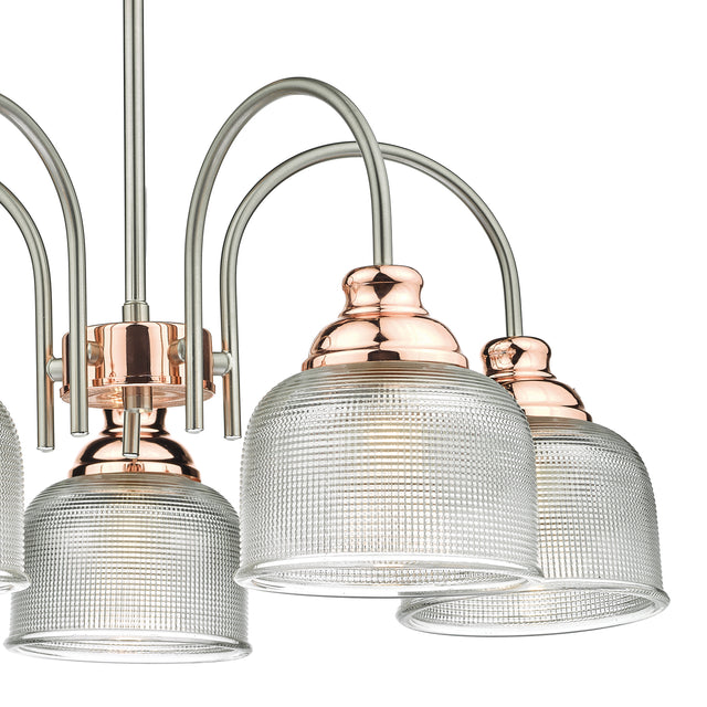 Wharfdale 5lt Pendant Satin Chrome Copper detail Glass Shades