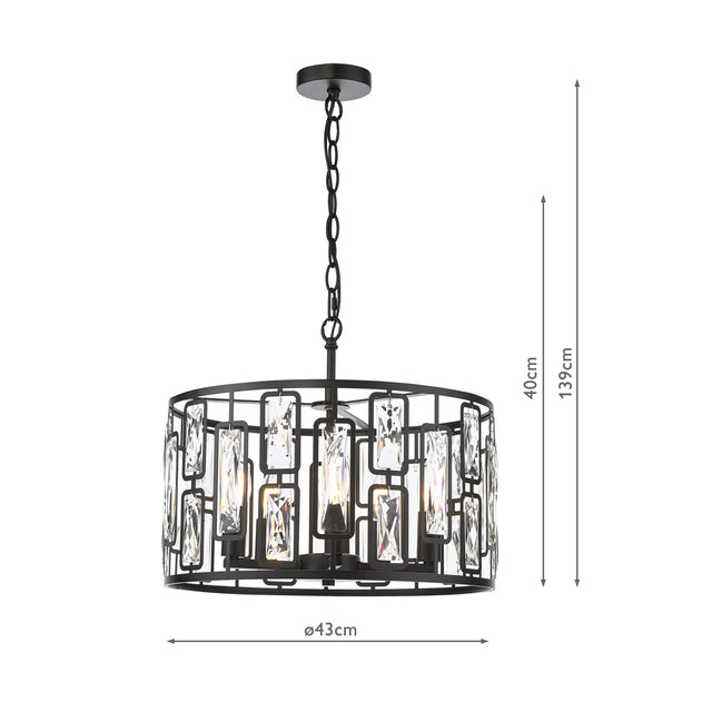 Zoelle 5 Light Pendant Matt Black and Crystal