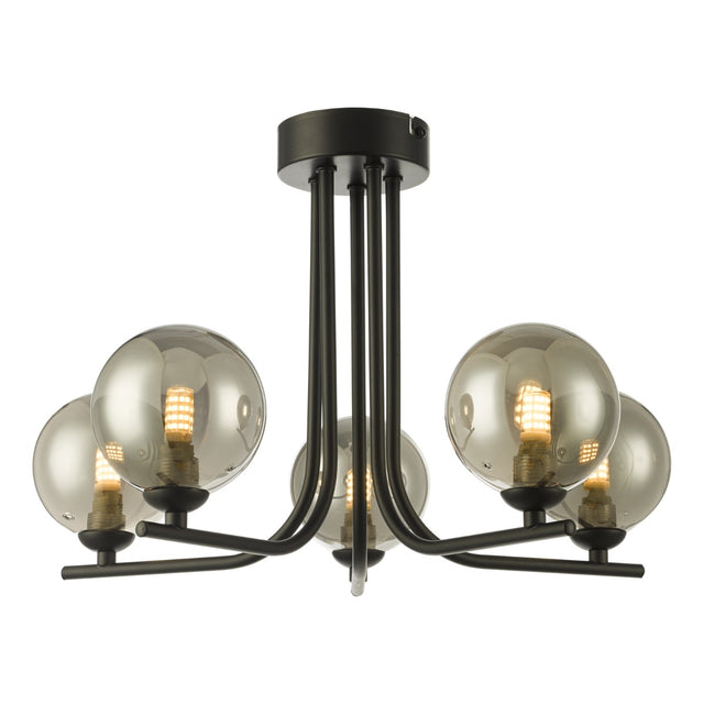 Cradle 5 Light Semi Flush Matt Black Smoked Glass