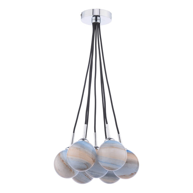 Elpis 7 Light Cluster Pendant Polished Chrome Planet Style Glass