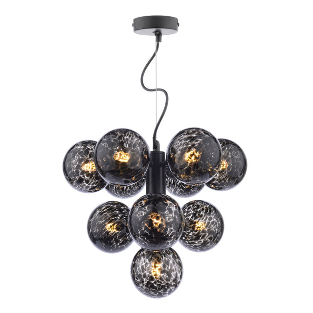 Vine 10 Light Pendant Matt Black and Black Confetti Glass