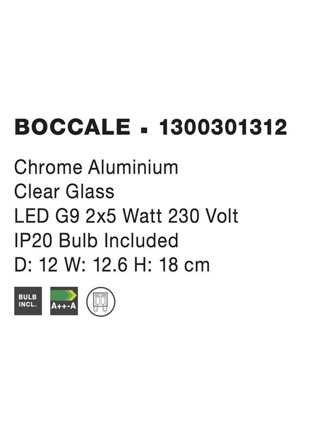 BOCCALE Chrome Aluminium Clear Glass LED G9 2x5 Watt IP20 Bulb Included D: 12 W: 12.6 H: 18 cm