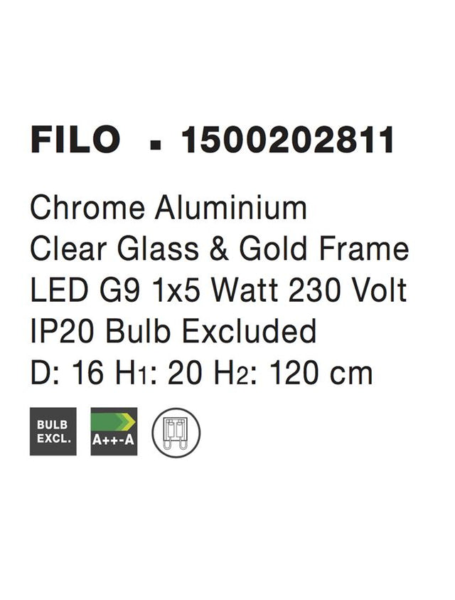 FILO Chrome Aluminium Clear Glass & Gold Frame LED G9 1x5W Bulb Excluded D: 16 H1: 20 H2: 120 cm