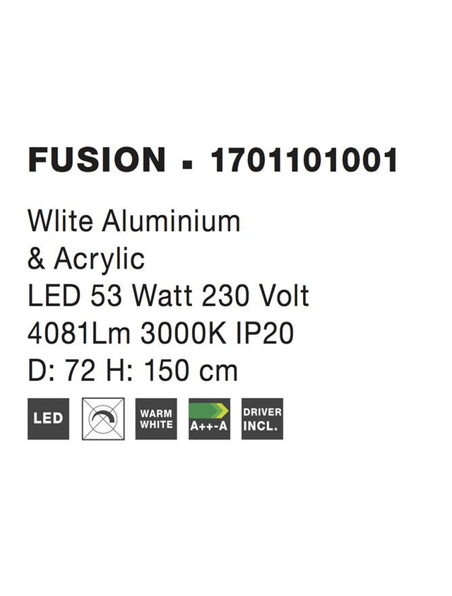 FUSION White Aluminium & Acrylic LED 53 Watt 230 Volt 4081Lm 3000K IP20 D: 72 H: 150 cm