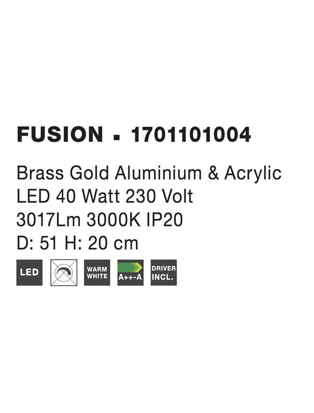 FUSION Brass Gold Aluminium & Acrylic LED 40 Watt 230 Volt 3017Lm 3000K IP20 D: 51 H: 20 cm