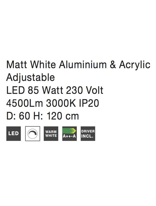 DEA Matt White Aluminium & Acrylic Adjustable LED 85 Watt 4500Lm 3000K IP20 D: 60 H: 120 cm