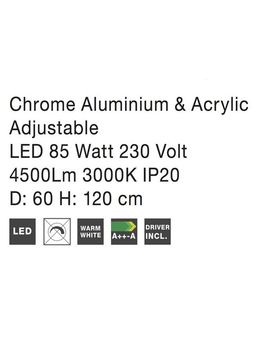 ARIA Chrome Aluminium & Acrylic Adjustable LED 85 Watt 4500Lm 3000K IP20 D: 60 H: 120 cm Dimmable