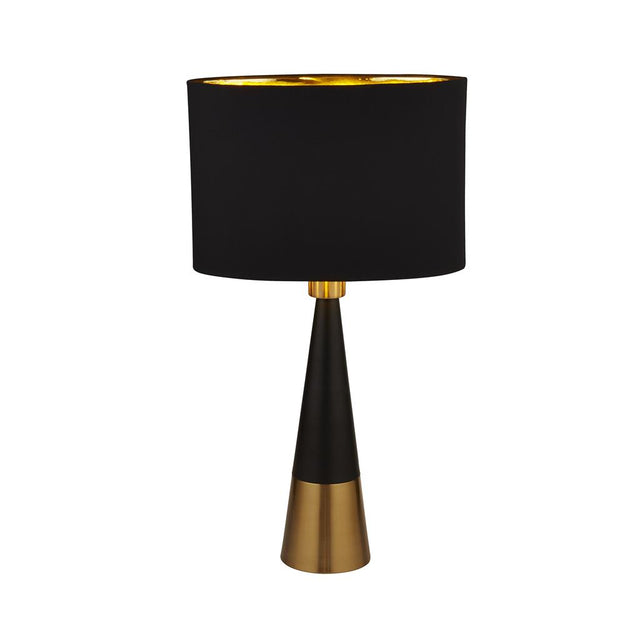 BLACK AND ANTIQUE COPPER PYRAMID TABLE LAMP WITH BLACK OVAL SHADE GOLD INNER