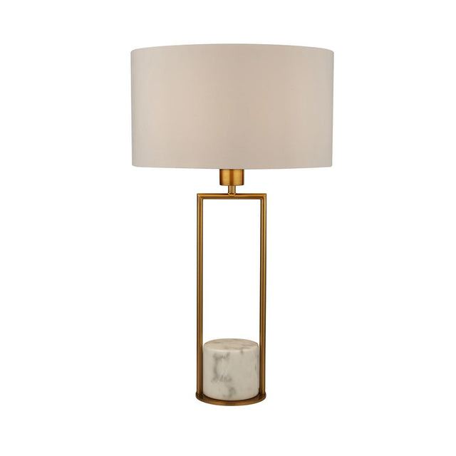 GOLD TABLE LAMP WITH WHITE MARBLE BASE AND WHITE DRUM SHADE