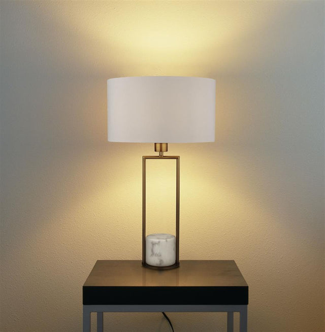 GOLD TABLE LAMP WITH WHITE MARBLE BASE AND WHITE DRUM SHADE