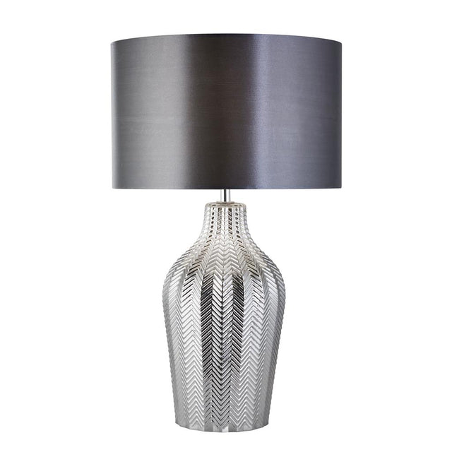 CHEVRON 1LT TABLE LAMP WITH GREY DRUM SHADE AND SMOKED RIBBED GLASS BASE