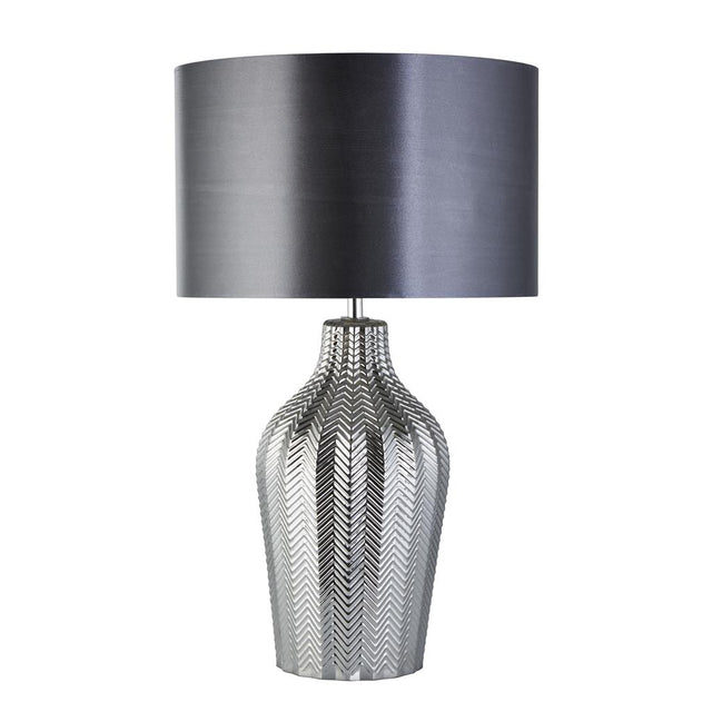 CHEVRON 1LT TABLE LAMP WITH GREY DRUM SHADE AND SMOKED RIBBED GLASS BASE