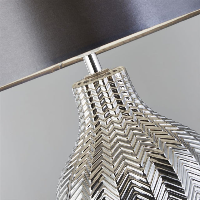 CHEVRON 1LT TABLE LAMP WITH GREY DRUM SHADE AND SMOKED RIBBED GLASS BASE