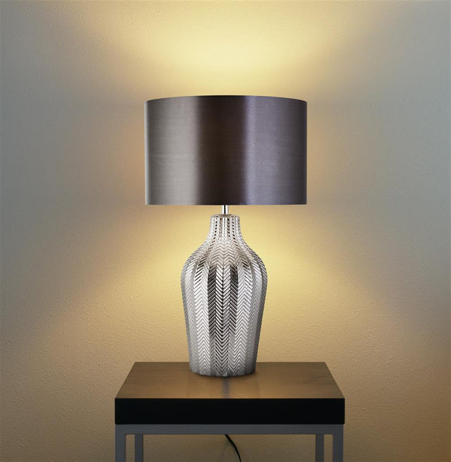 CHEVRON 1LT TABLE LAMP WITH GREY DRUM SHADE AND SMOKED RIBBED GLASS BASE