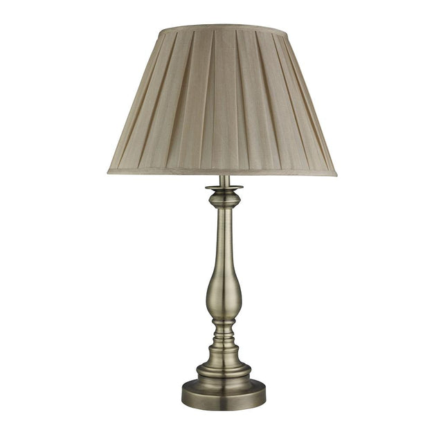 FLEMISH TABLE LAMP, SPINDLE BASE - ANTIQUE BRASS, MINK PLEATED SHADE