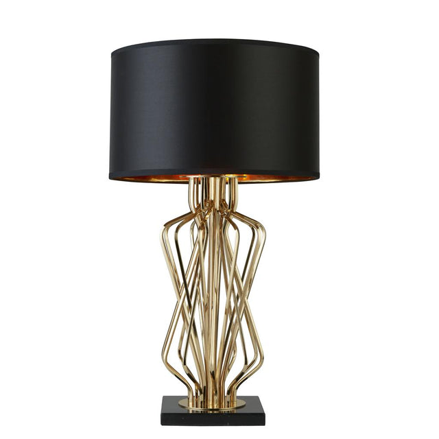 ETHAN TABLE LAMP WITH MARBLE BASE, GOLD WITH BLACK DRUM SHADE, GOLD INTERIOR