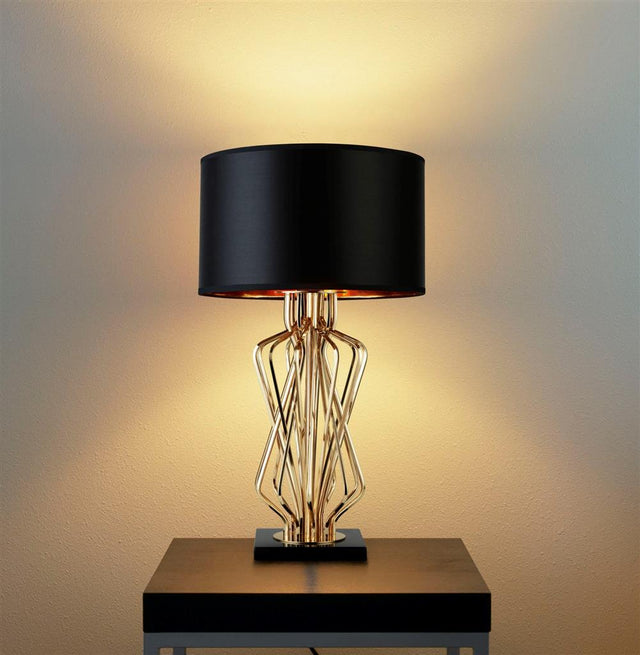 ETHAN TABLE LAMP WITH MARBLE BASE, GOLD WITH BLACK DRUM SHADE, GOLD INTERIOR