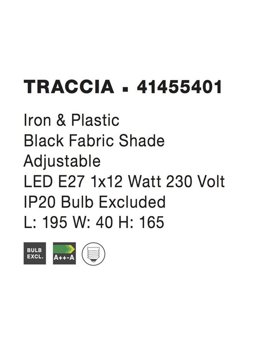 TRACCIA Iron & Plastic Black Fabric Shade Adjustable LED E27 1x12 W IP20 Bulb Excluded L: 195 W: 40 H: 165