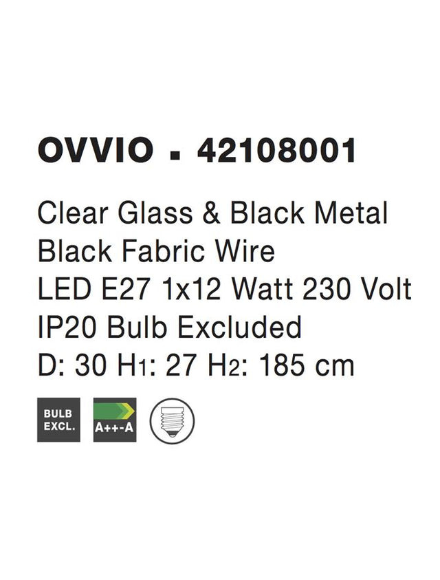 OVVIO Clear Glass & Black Metal Black Fabric Wire LED E27 1x12 Watt IP20 Bulb Excluded D:30 H1:27 H2:185 cm